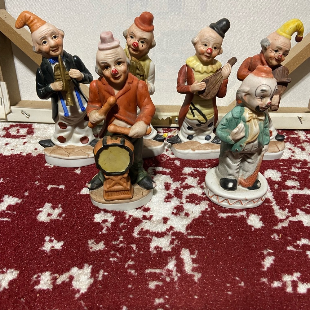Vintage Painted Porcelain Circus Clown Band Figurine Set of 6